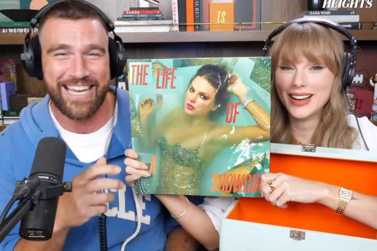 Travis Kelce and Taylor Swift Unveil Swift's The Life Of A Showgirl Album; Photo Courtesy of New Heights Podcast