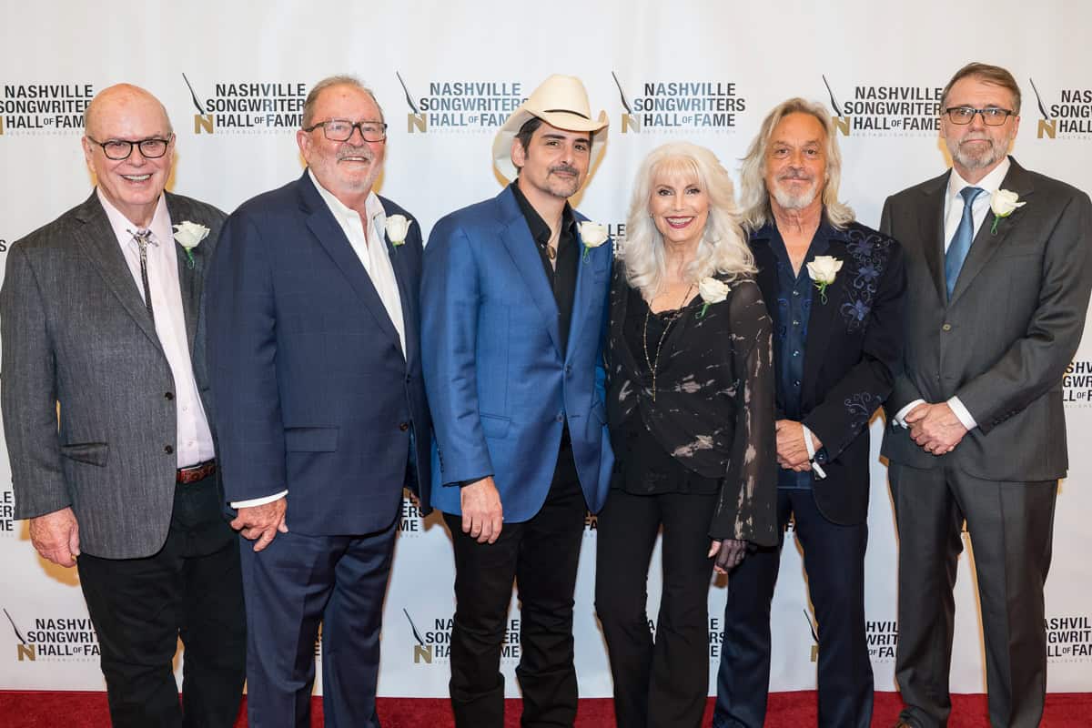 Nashville Songwriters Of Fame "Class of 2025": Don Cook, Steve Bogard, Brad Paisley, Emmylou Harris, Jim Lauderdale and Tony Martin; Photo by Andrew Wendowski