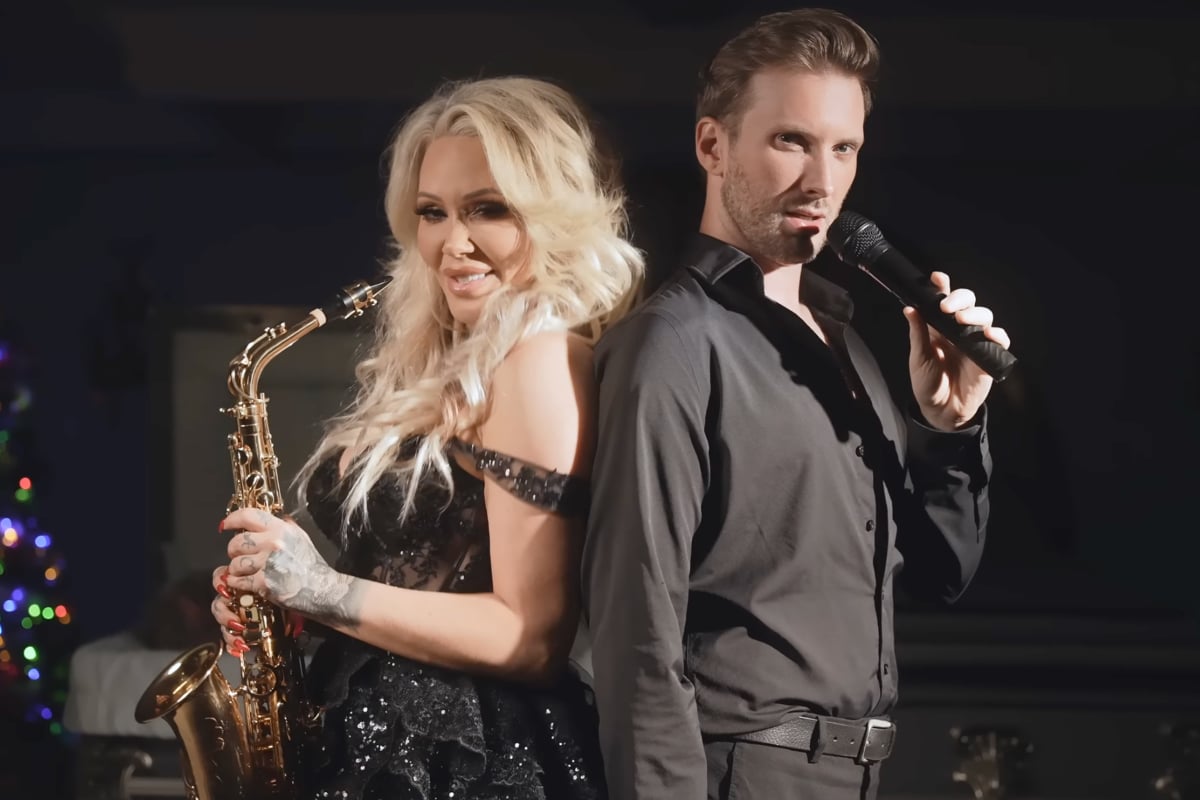 Bunnie Xo, Matt Mathews; Photo Courtesy of "Grandma Got Run Over By A Reindeer" Music Video