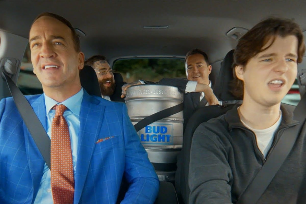Peyton Manning, Post Malone, Shane Gillis; Photo Courtesy of Bud Light Super Bowl Commercial